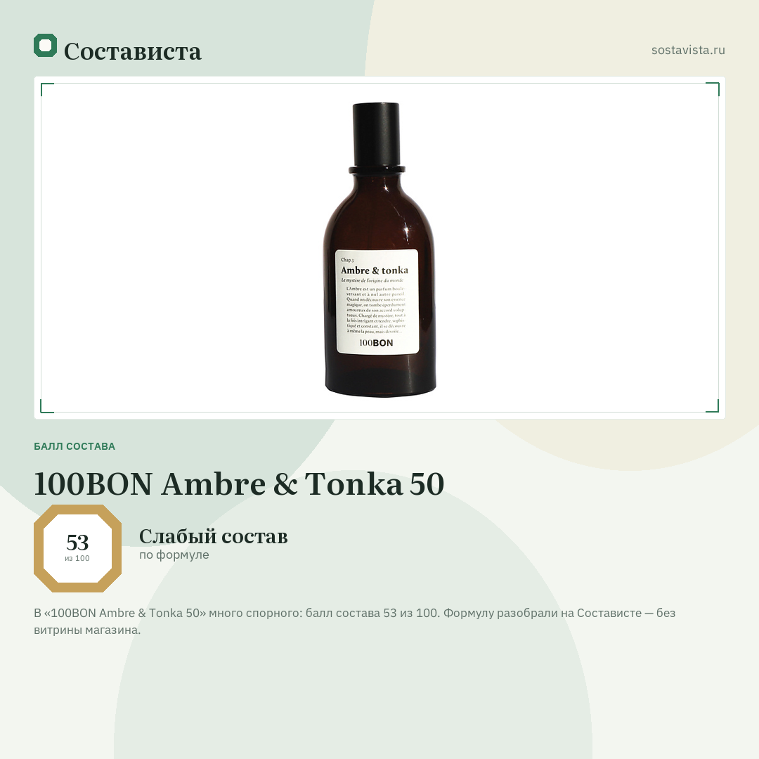 100BON Ambre & Tonka 50: балл состава 53 из 100 — Состависта