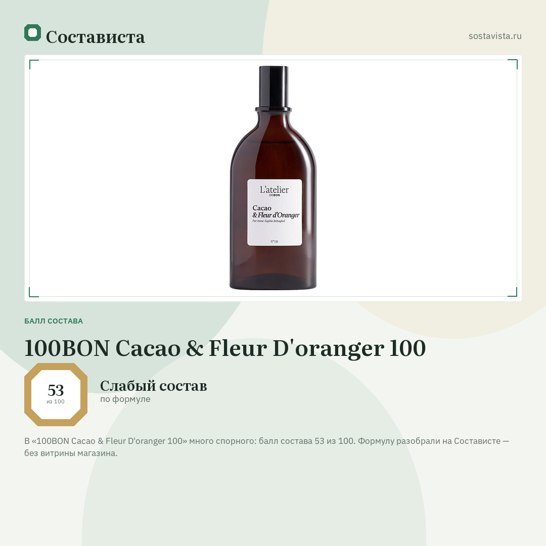 100BON Cacao & Fleur D'oranger 100: балл состава 53 из 100 — Состависта
