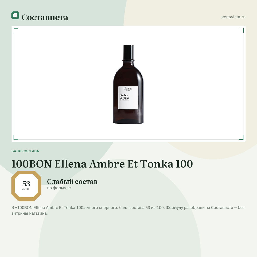 100BON Ellena Ambre Et Tonka 100: балл состава 53 из 100 — Состависта