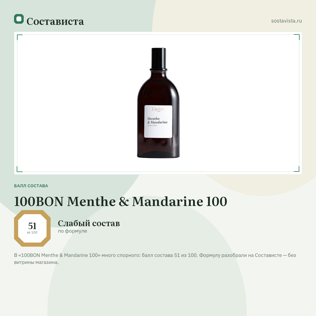 100BON Menthe & Mandarine 100: балл состава 51 из 100 — Состависта