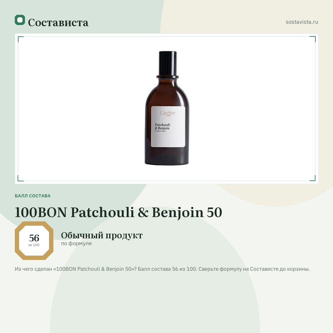 100BON Patchouli & Benjoin 50: балл состава 56 из 100 — Состависта