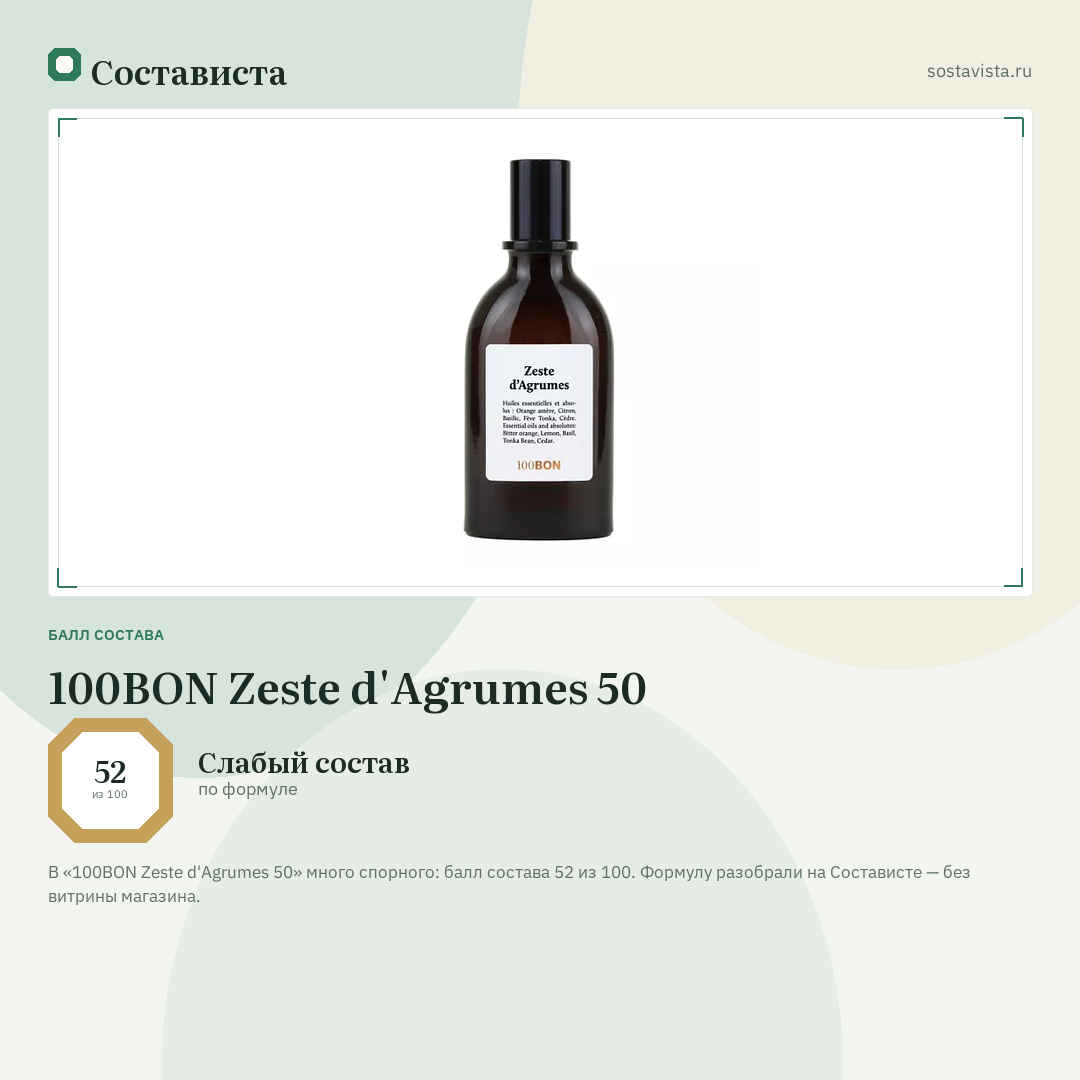 100BON Zeste d'Agrumes 50: балл состава 52 из 100 — Состависта