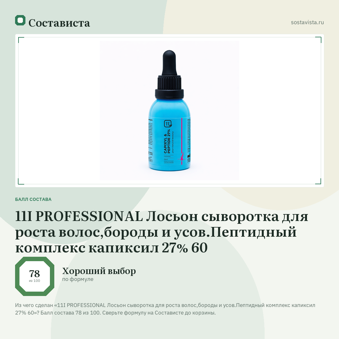 11I PROFESSIONAL Лосьон сыворотка для роста волос,бороды и усов.Пептидный комплекс капиксил 27% 60: балл состава 78 из 100 — Состависта