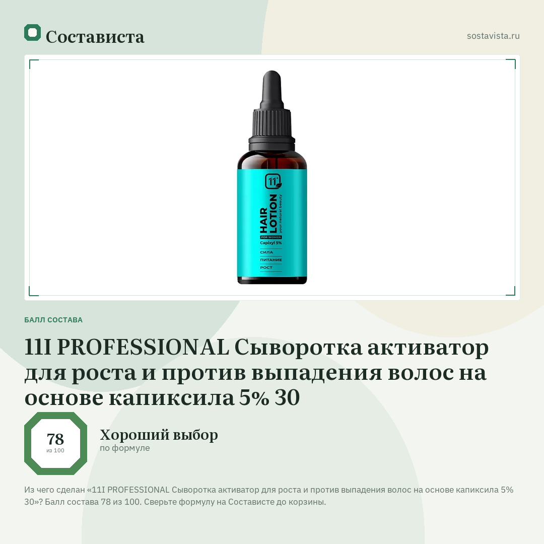 11I PROFESSIONAL Сыворотка активатор для роста и против выпадения волос на основе капиксила 5% 30: балл состава 78 из 100 — Состависта