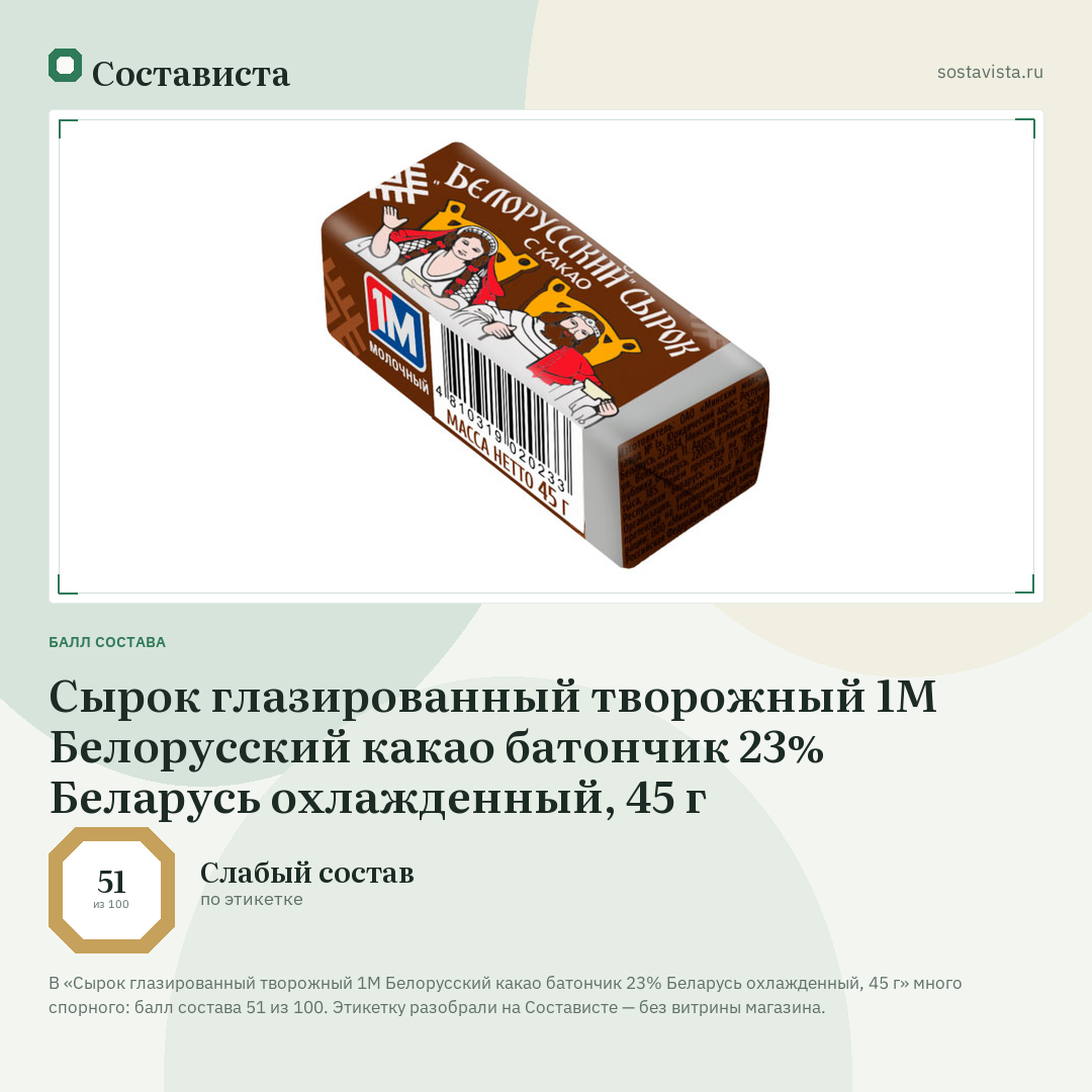 Сырок глазированный творожный 1М Белорусский какао батончик 23% Беларусь охлажденный, 45 г: балл состава 51 из 100 — Состависта