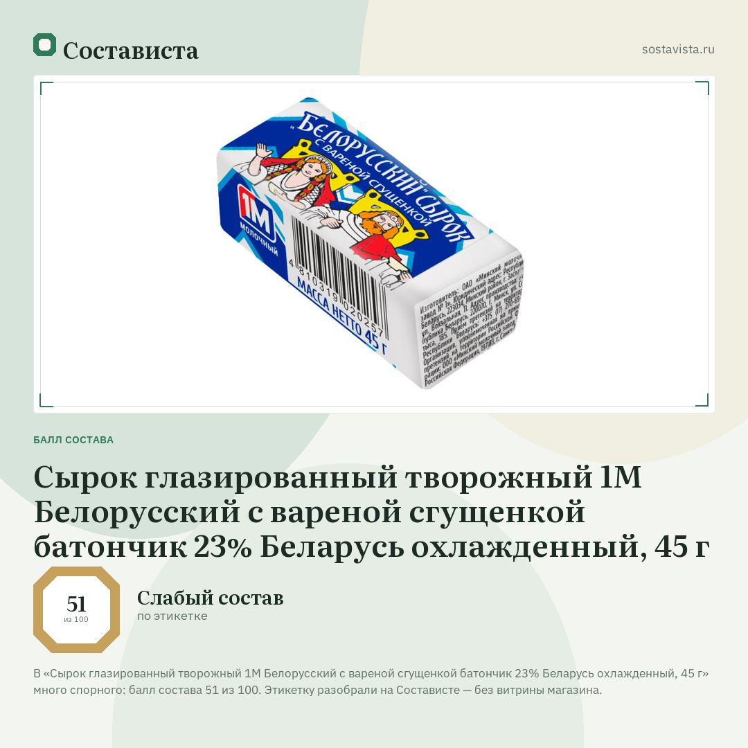Сырок глазированный творожный 1М Белорусский с вареной сгущенкой батончик 23% Беларусь охлажденный, 45 г: балл состава 51 из 100 — Состависта