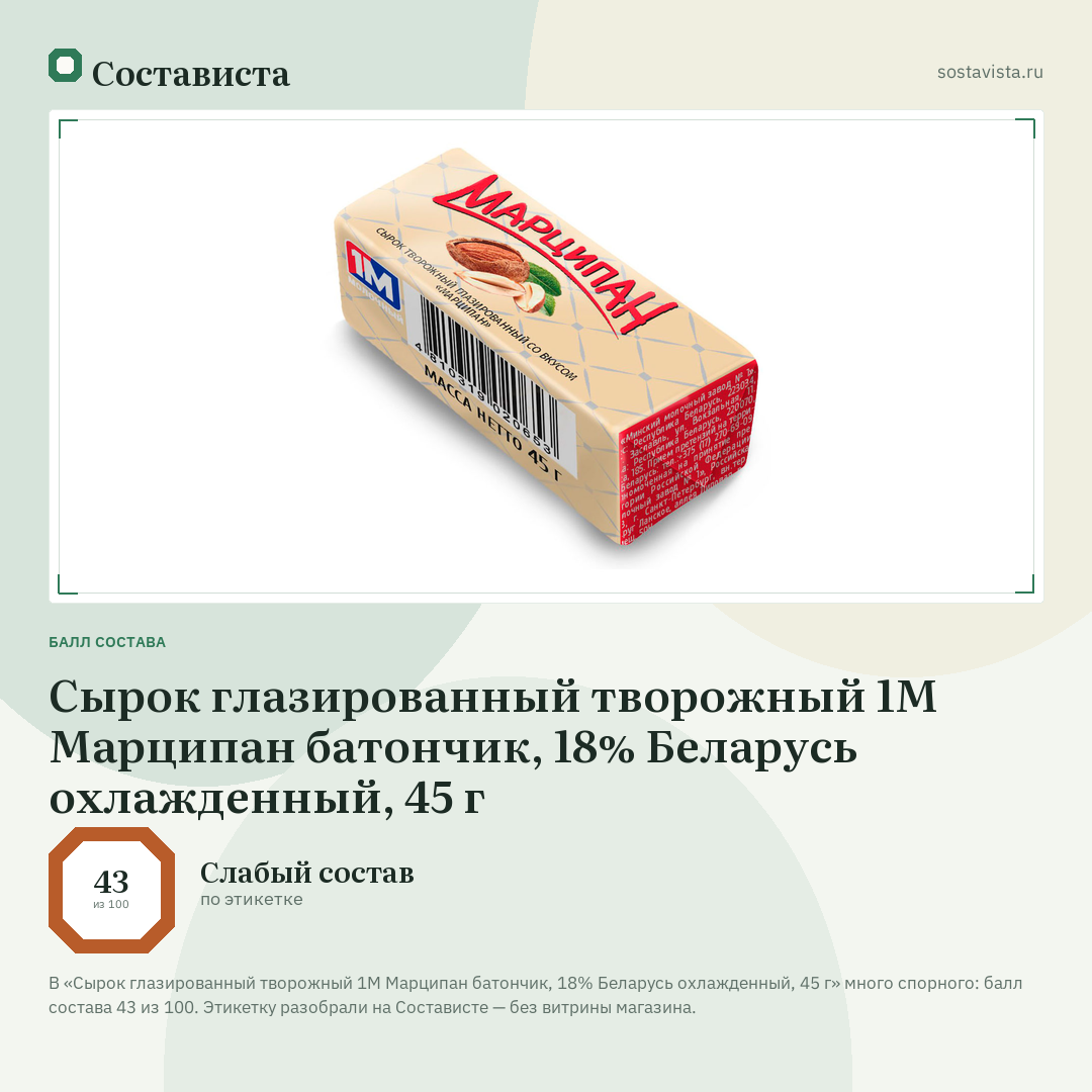 Сырок глазированный творожный 1М Марципан батончик, 18% Беларусь охлажденный, 45 г: балл состава 43 из 100 — Состависта