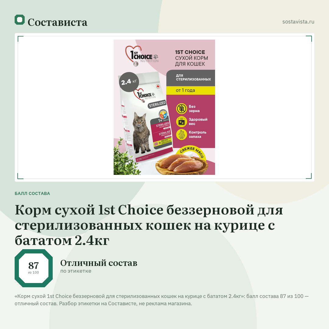 Корм сухой 1st Choice беззерновой для стерилизованных кошек на курице с бататом 2.4кг: балл состава 87 из 100 — Состависта