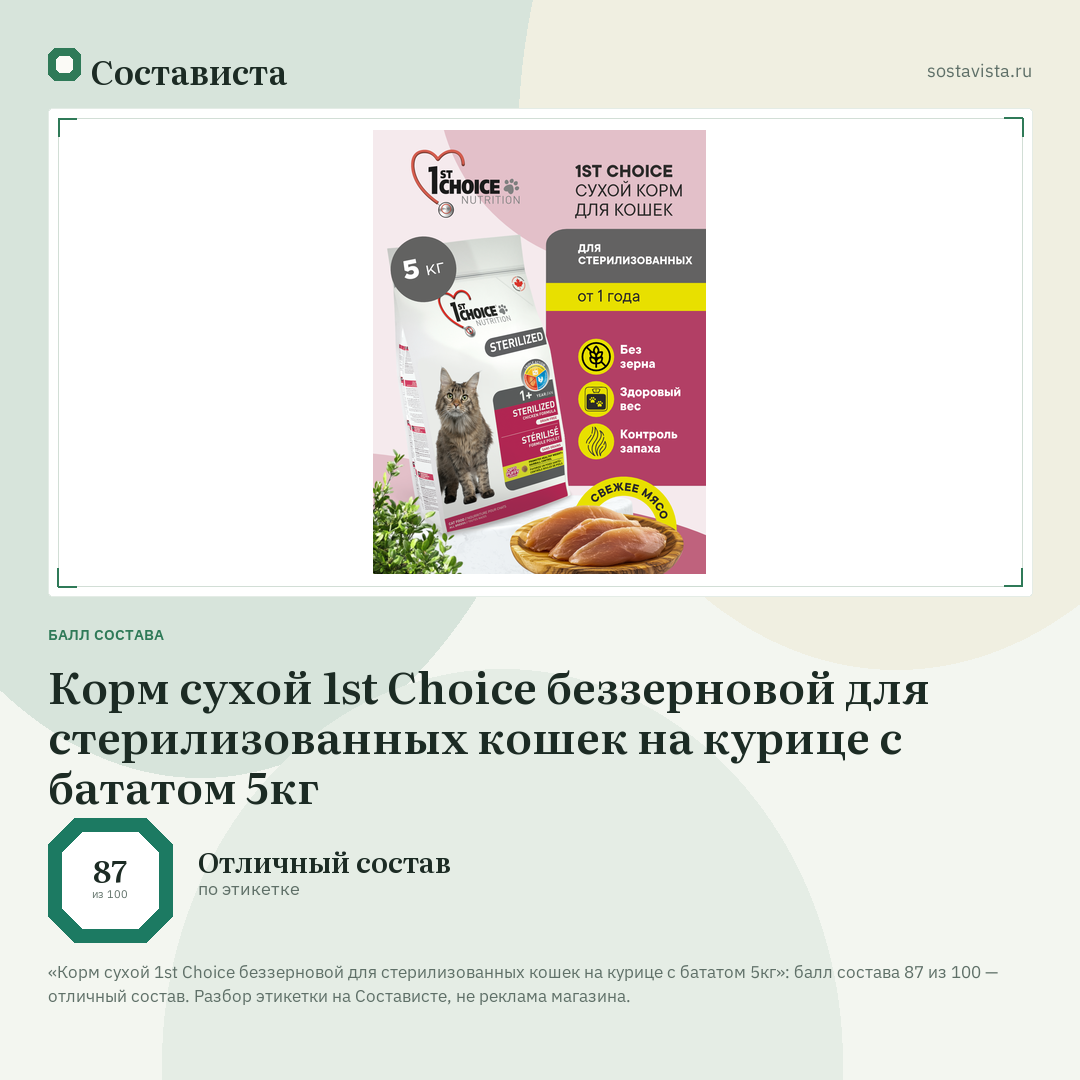 Корм сухой 1st Choice беззерновой для стерилизованных кошек на курице с бататом 5кг: балл состава 87 из 100 — Состависта