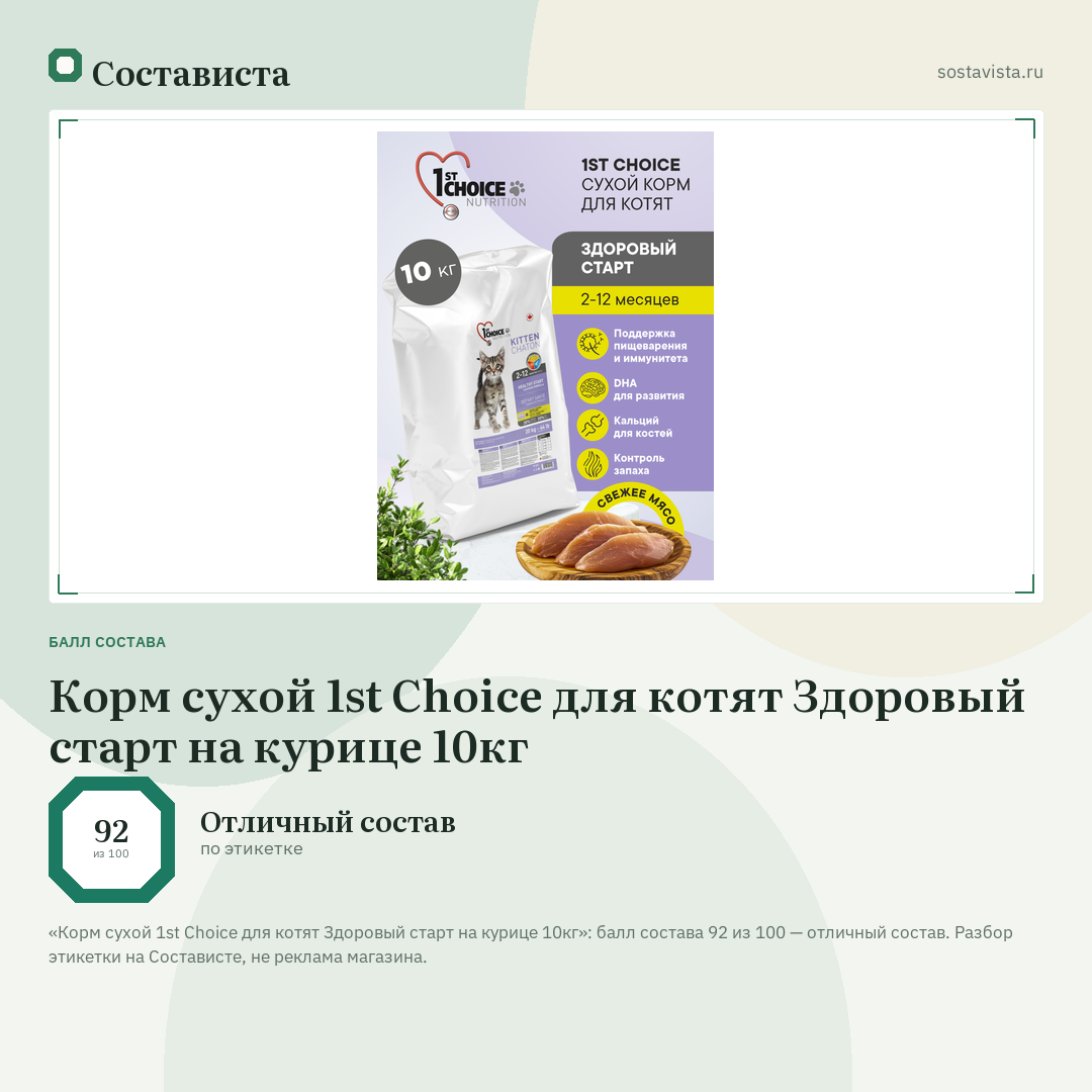 Корм сухой 1st Choice для котят Здоровый старт на курице 10кг: балл состава 92 из 100 — Состависта