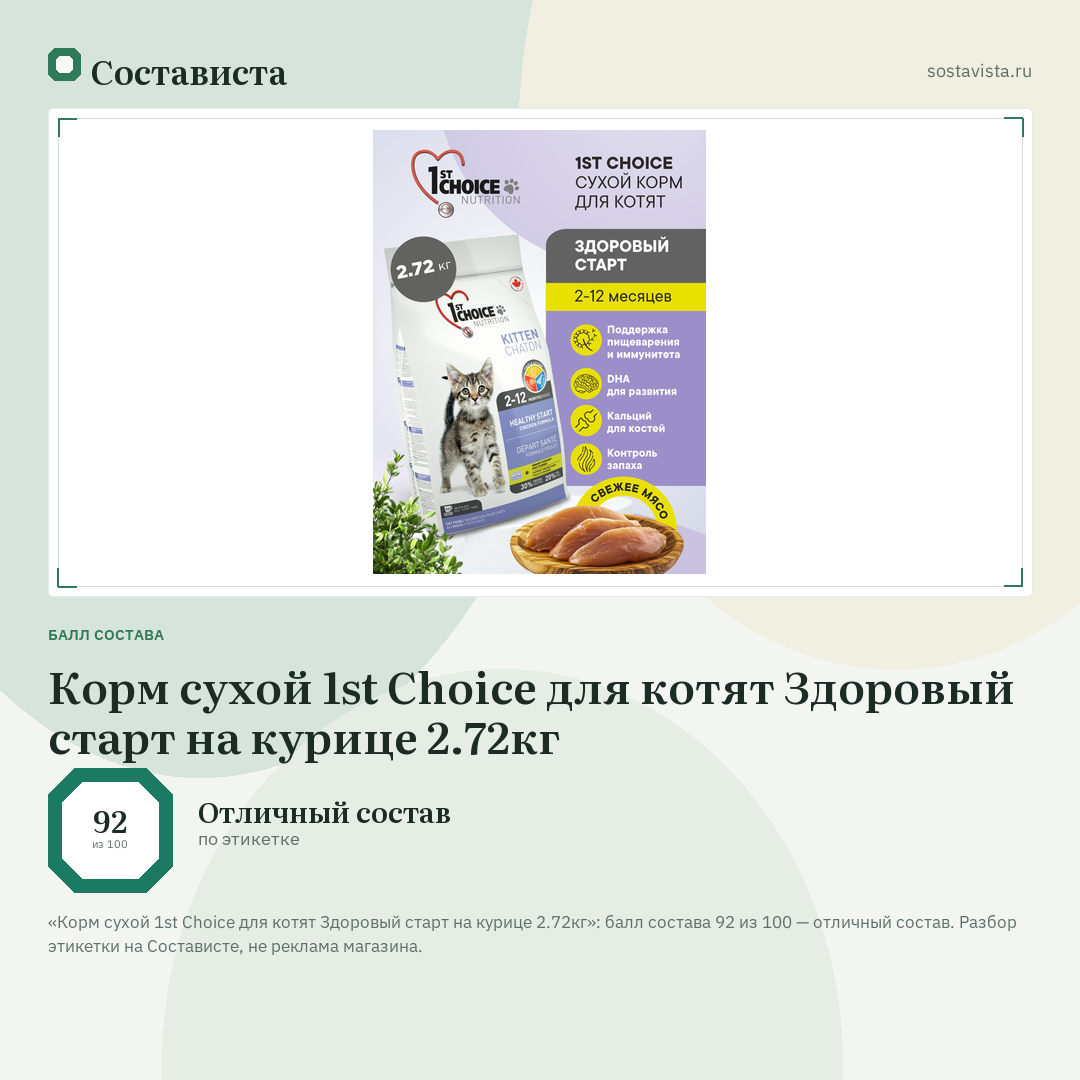 Корм сухой 1st Choice для котят Здоровый старт на курице 2.72кг: балл состава 92 из 100 — Состависта