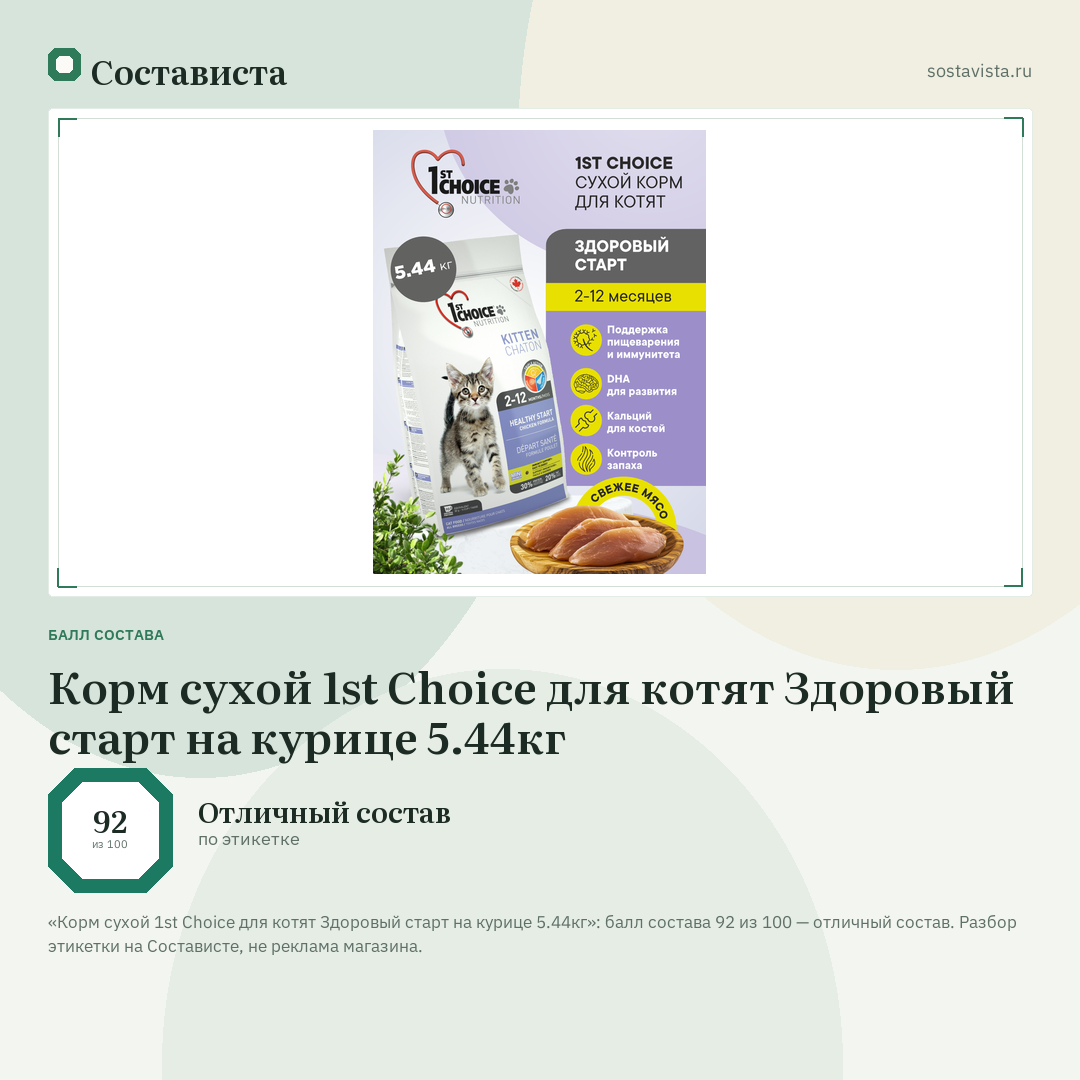 Корм сухой 1st Choice для котят Здоровый старт на курице 5.44кг: балл состава 92 из 100 — Состависта