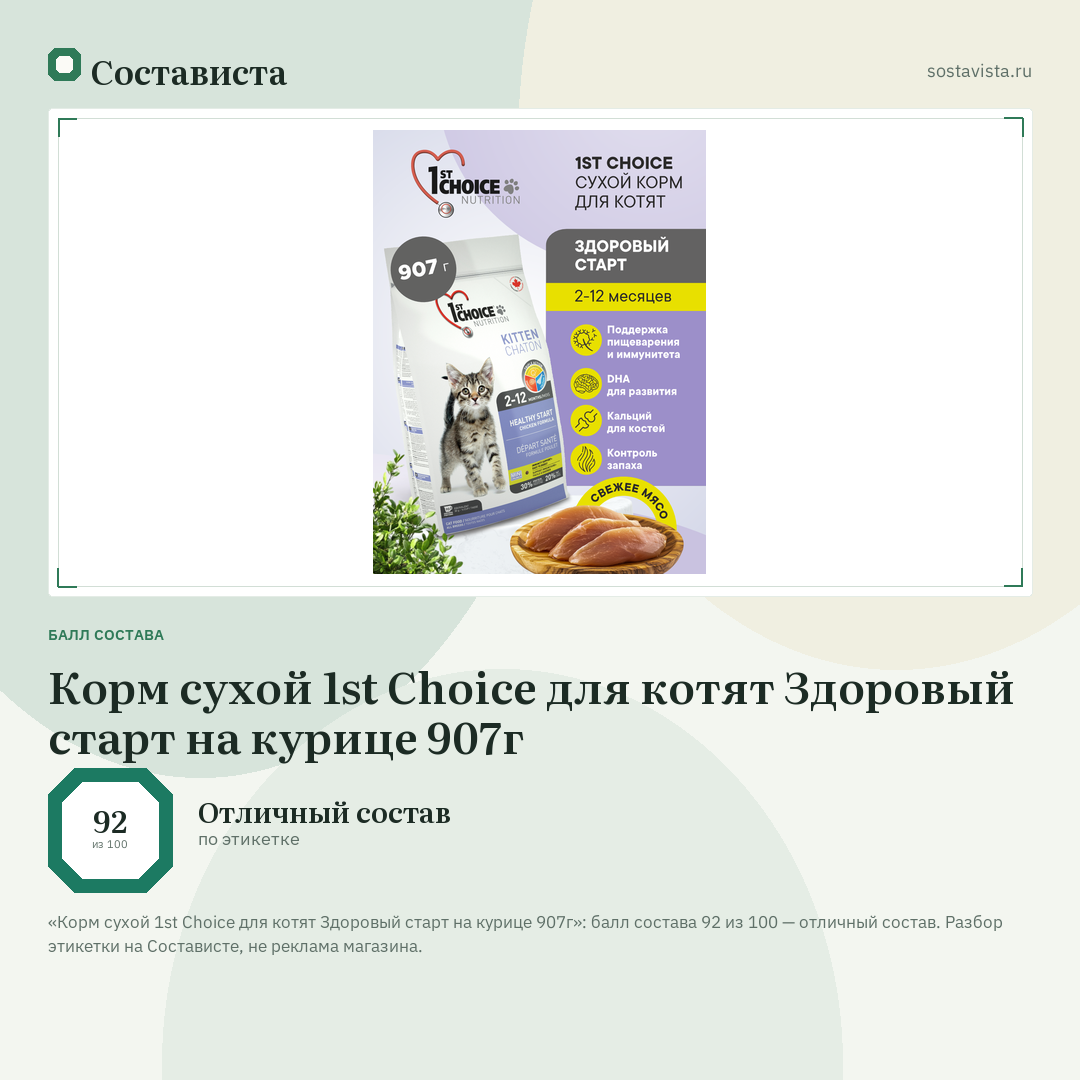 Корм сухой 1st Choice для котят Здоровый старт на курице 907г: балл состава 92 из 100 — Состависта