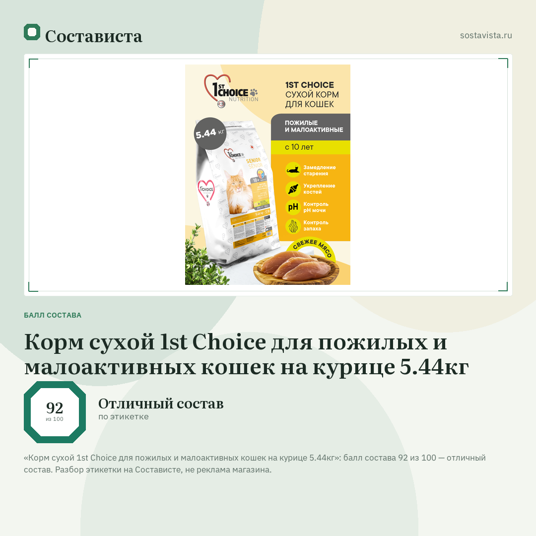Корм сухой 1st Choice для пожилых и малоактивных кошек на курице 5.44кг: балл состава 92 из 100 — Состависта