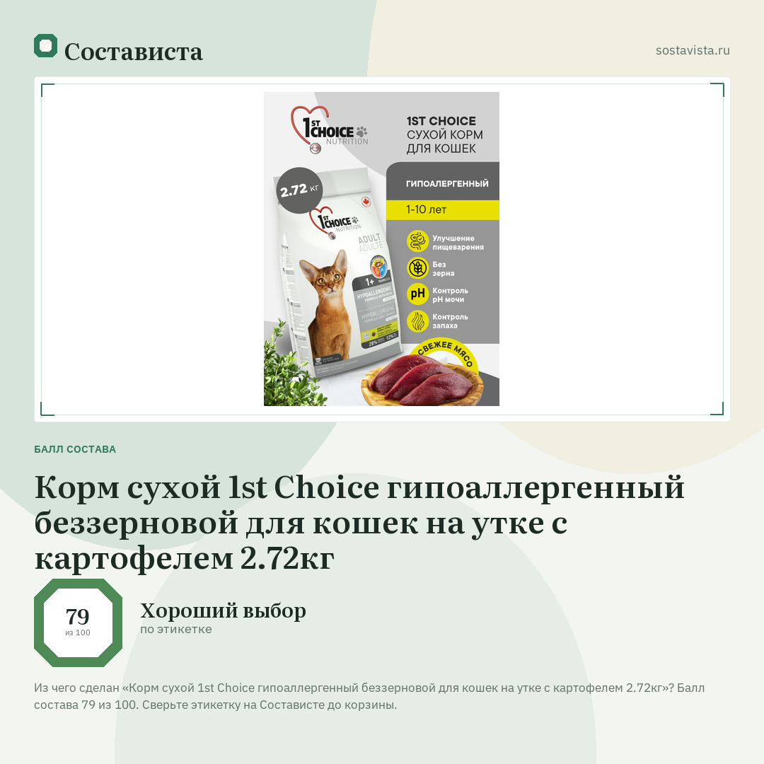 Корм сухой 1st Choice гипоаллергенный беззерновой для кошек на утке с картофелем 2.72кг: балл состава 79 из 100 — Состависта