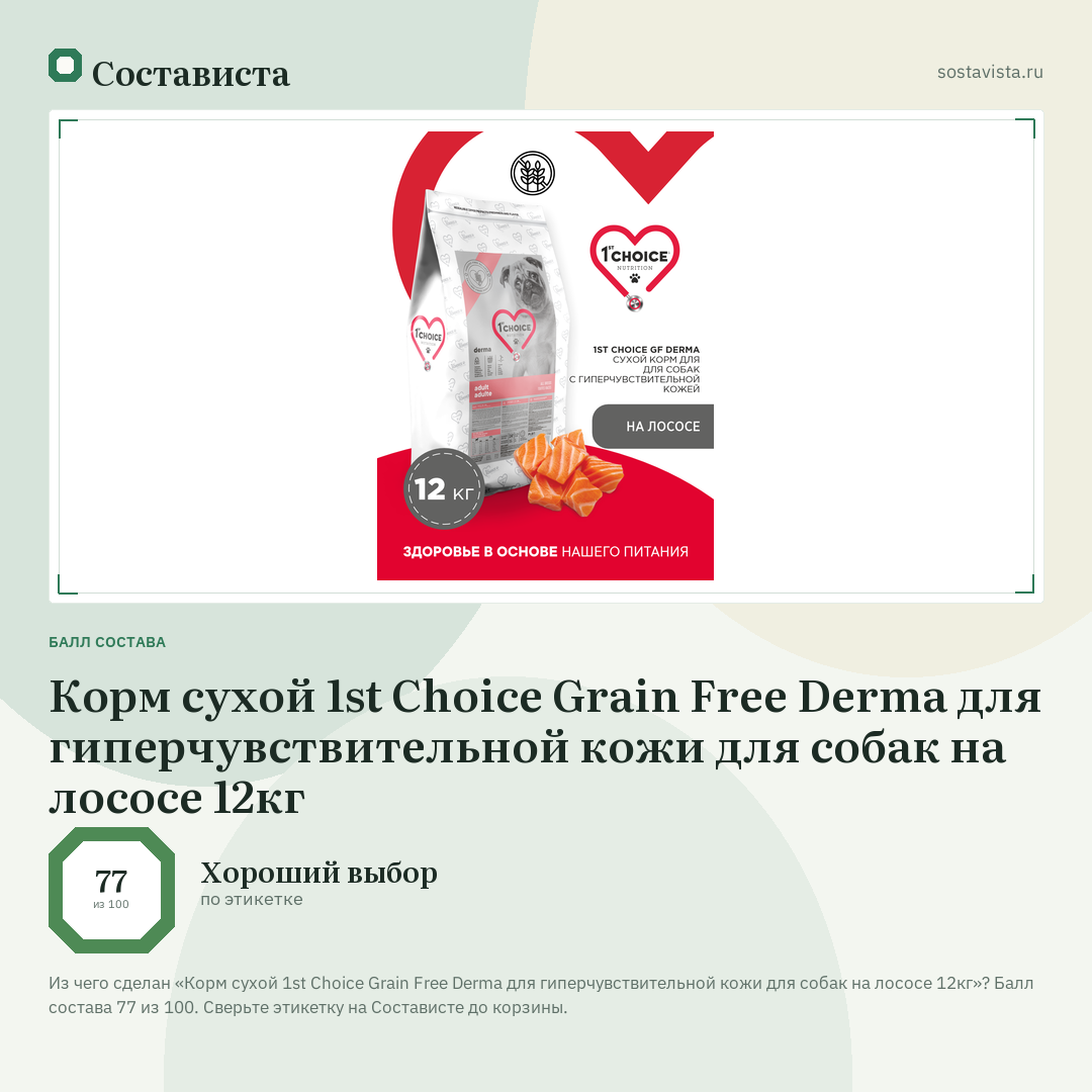 Корм сухой 1st Choice Grain Free Derma для гиперчувствительной кожи для собак на лососе 12кг: балл состава 77 из 100 — Состависта