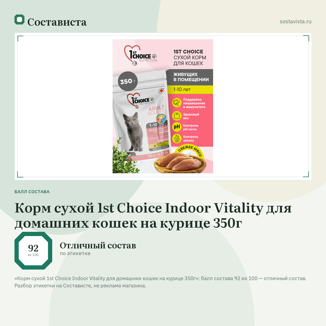 Корм сухой 1st Choice Indoor Vitality для домашних кошек на курице 350г: балл состава 92 из 100 — Состависта