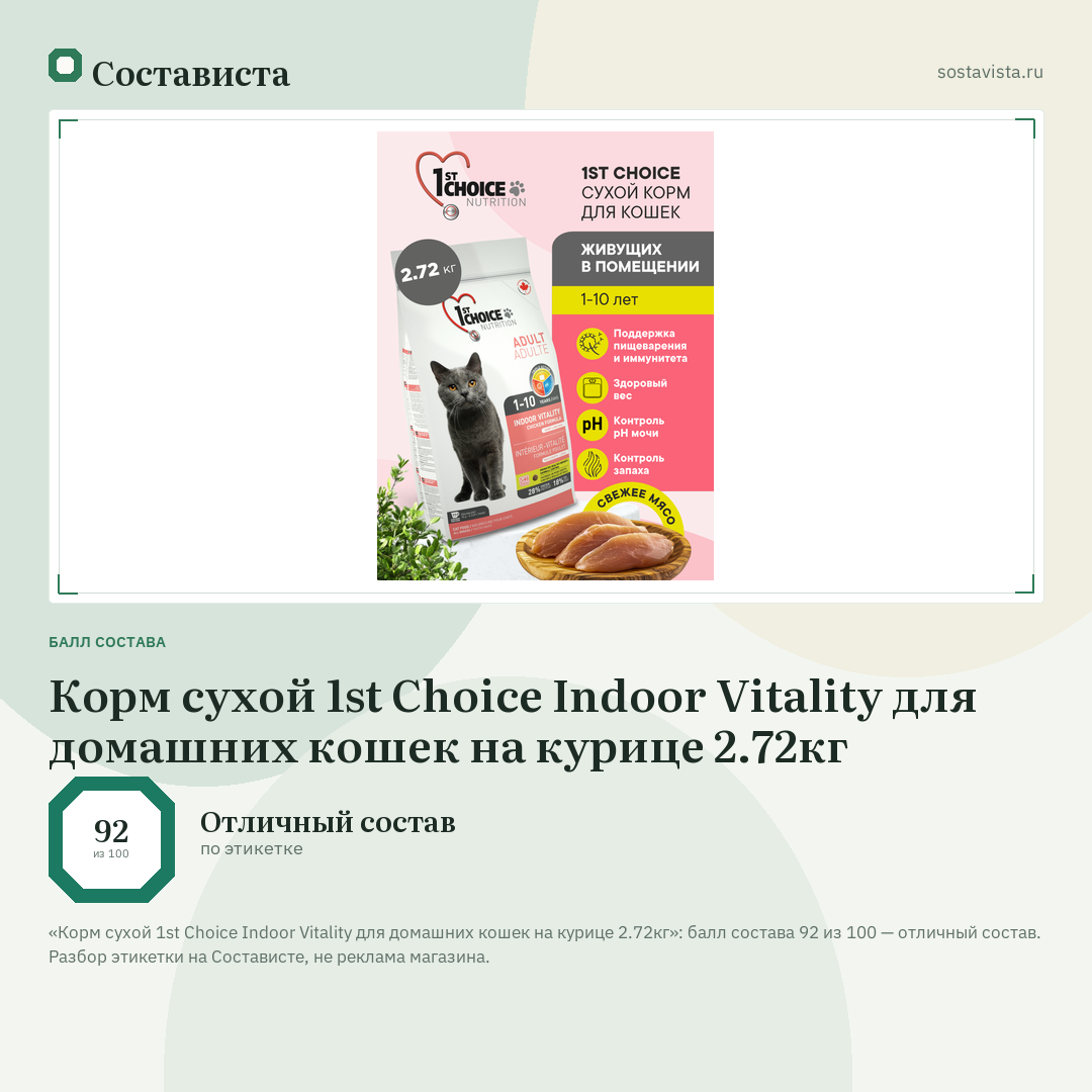 Корм сухой 1st Choice Indoor Vitality для домашних кошек на курице 2.72кг: балл состава 92 из 100 — Состависта
