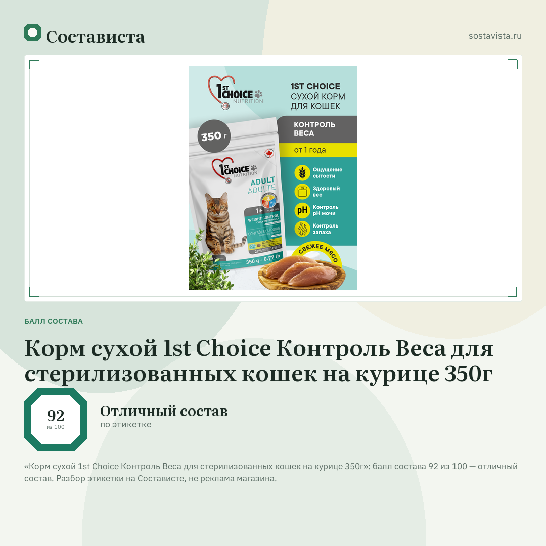 Корм сухой 1st Choice Контроль Веса для стерилизованных кошек на курице 350г: балл состава 92 из 100 — Состависта