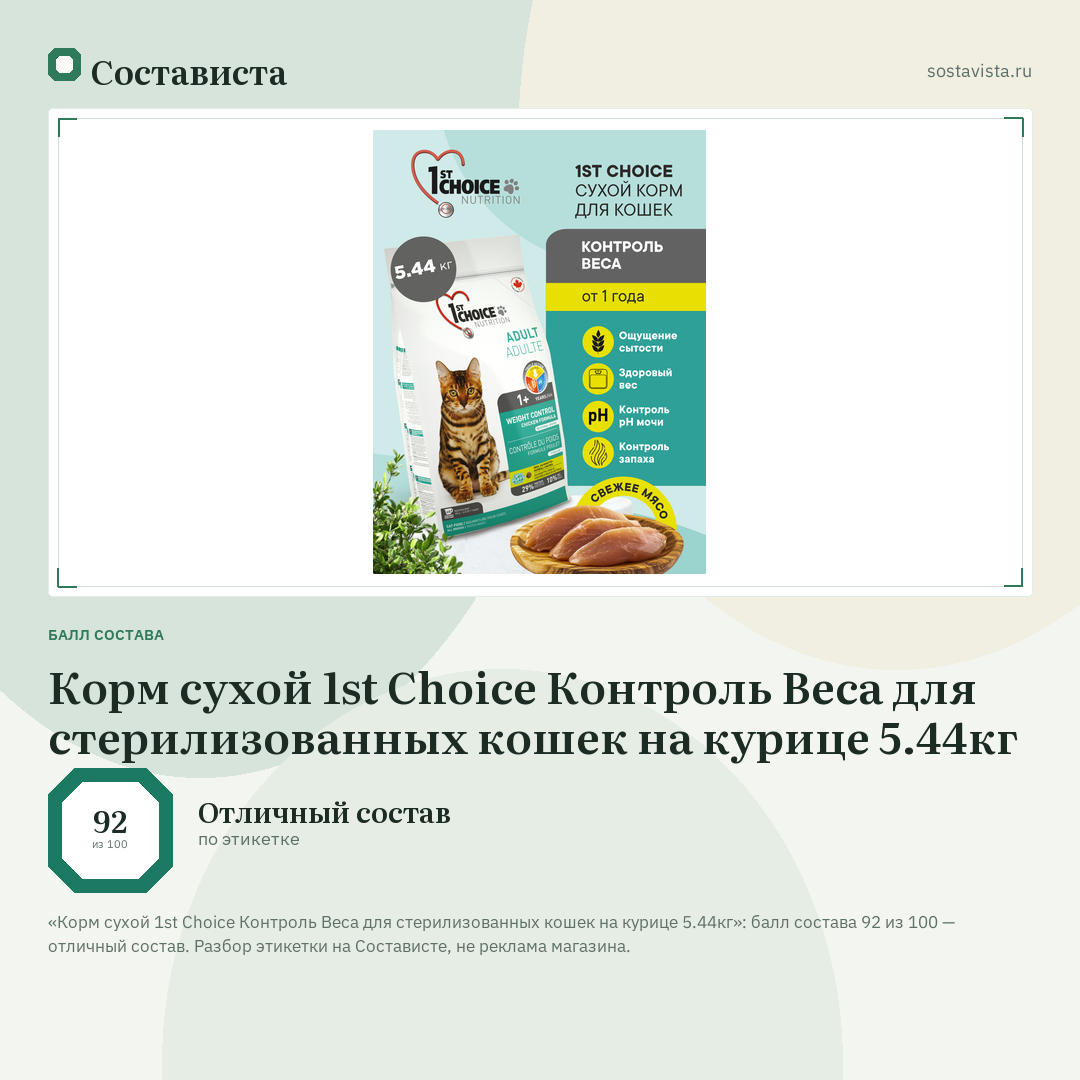 Корм сухой 1st Choice Контроль Веса для стерилизованных кошек на курице 5.44кг: балл состава 92 из 100 — Состависта