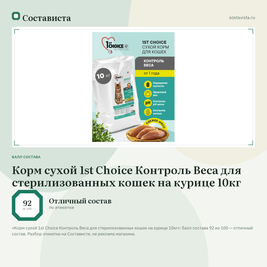 Корм сухой 1st Choice Контроль Веса для стерилизованных кошек на курице 10кг: балл состава 92 из 100 — Состависта