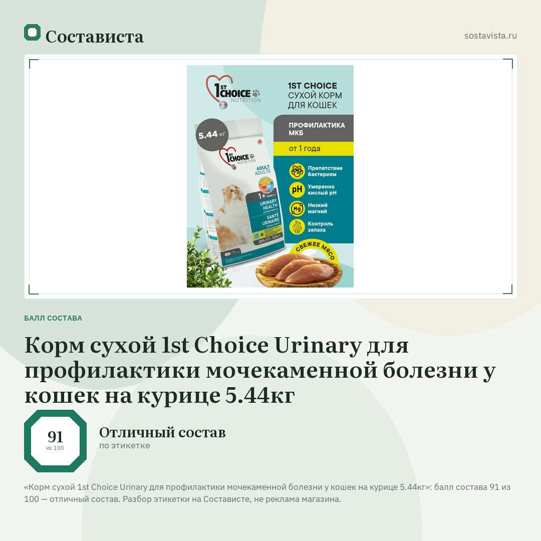 Корм сухой 1st Choice Urinary для профилактики мочекаменной болезни у кошек на курице 5.44кг: балл состава 91 из 100 — Состависта