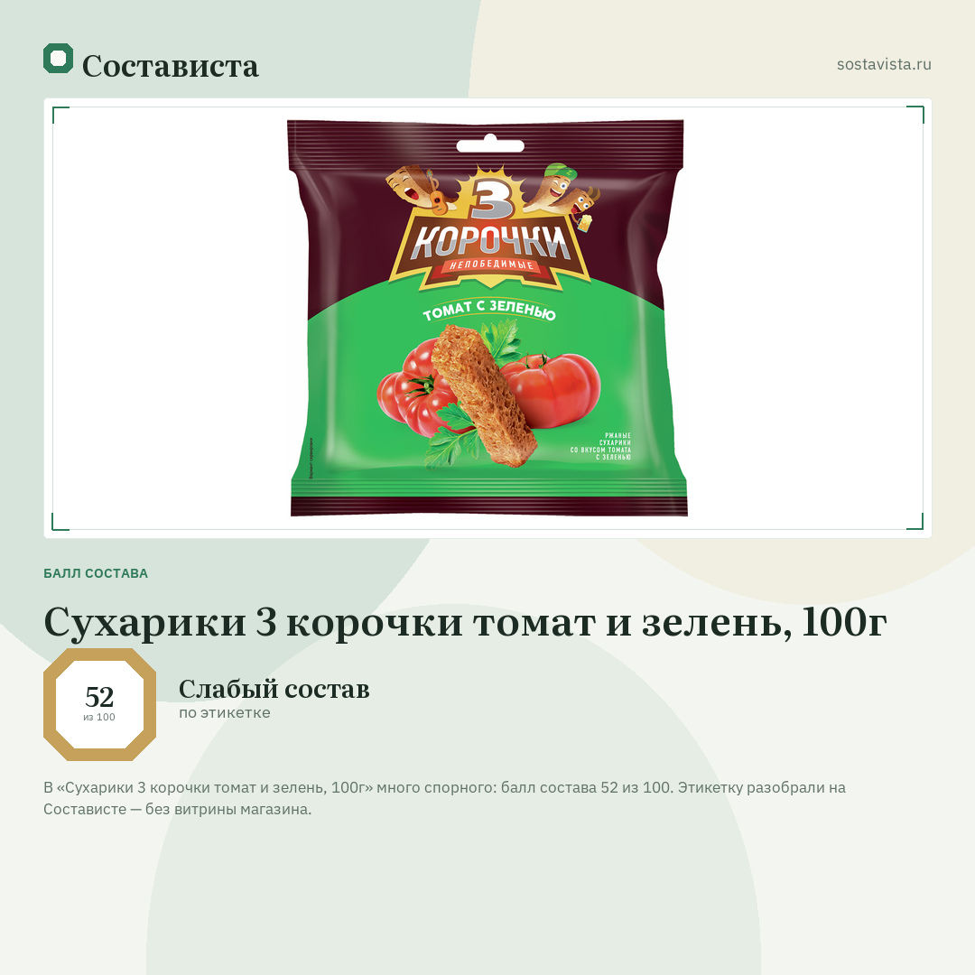 Сухарики 3 корочки томат и зелень, 100г: балл состава 52 из 100 — Состависта