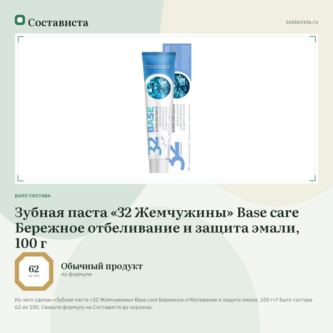 Зубная паста «32 Жемчужины» Base care Бережное отбеливание и защита эмали, 100 г: балл состава 62 из 100 — Состависта