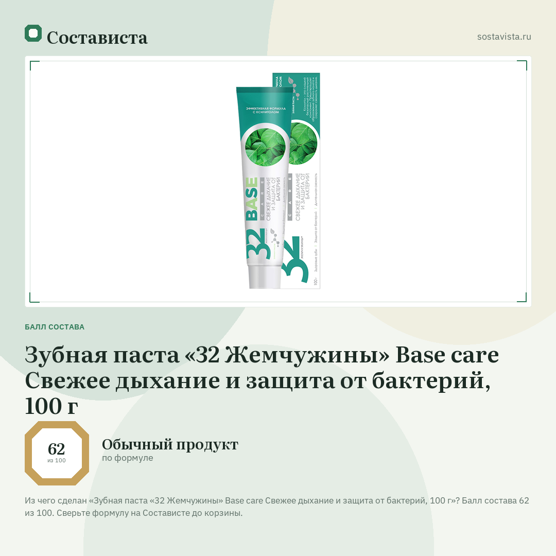 Зубная паста «32 Жемчужины» Base care Свежее дыхание и защита от бактерий, 100 г: балл состава 62 из 100 — Состависта