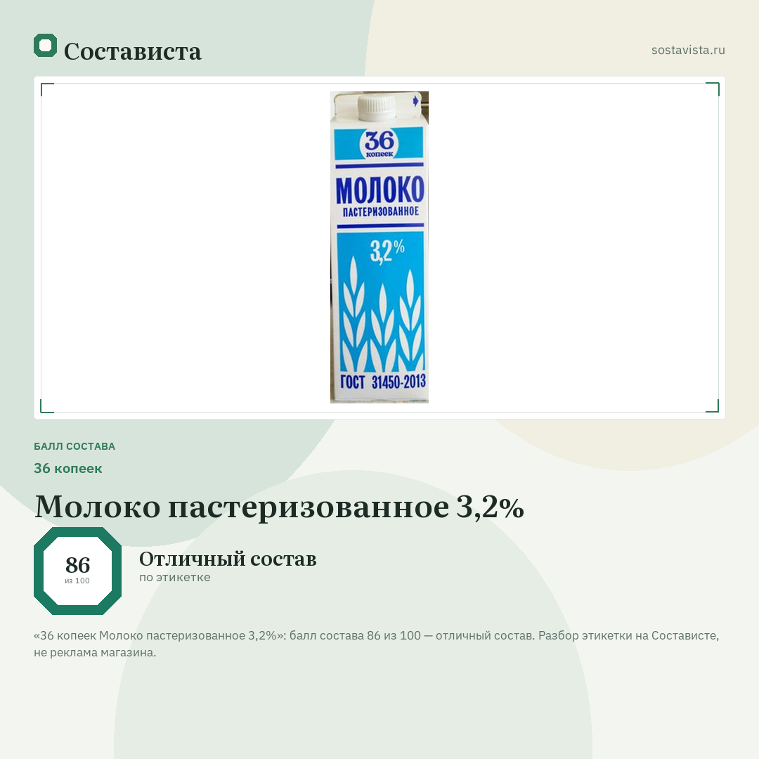 36 копеек Молоко пастеризованное 3,2%: балл состава 86 из 100 — Состависта