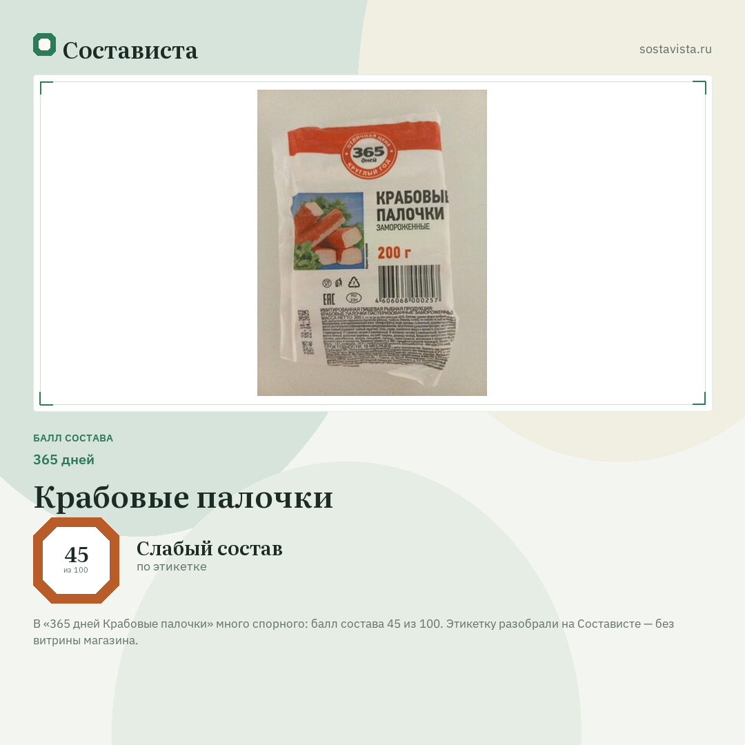 365 дней Крабовые палочки: балл состава 45 из 100 — Состависта