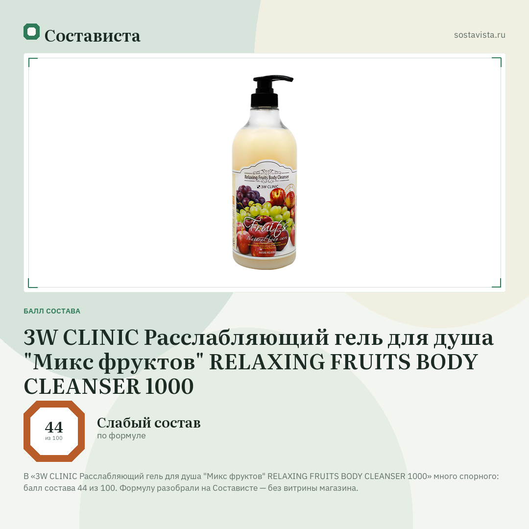 3W CLINIC Расслабляющий гель для душа "Микс фруктов" RELAXING FRUITS BODY CLEANSER 1000: балл состава 44 из 100 — Состависта
