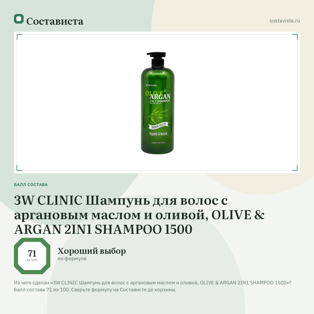 3W CLINIC Шампунь для волос с аргановым маслом и оливой, OLIVE & ARGAN 2IN1 SHAMPOO 1500: балл состава 71 из 100 — Состависта