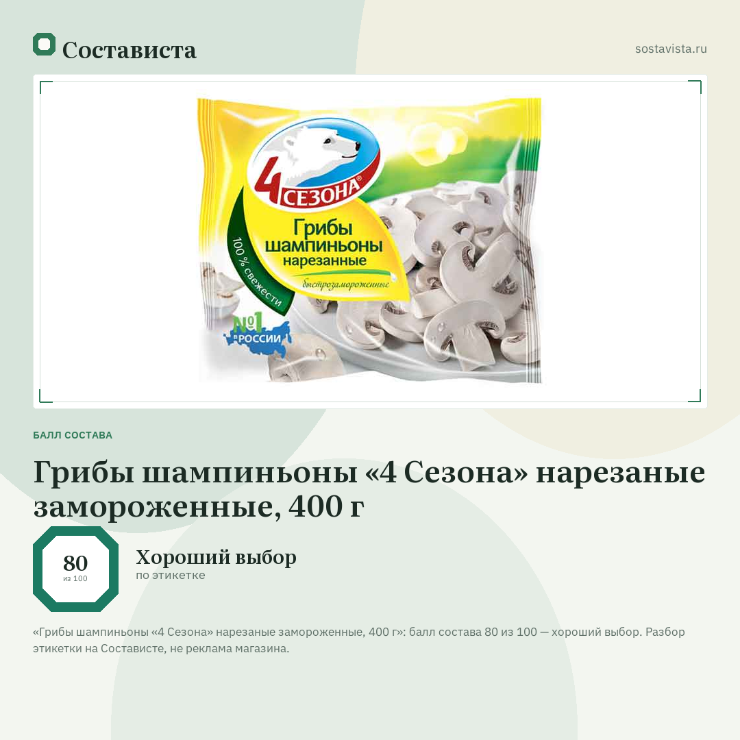 Грибы шампиньоны «4 Сезона» нарезаные замороженные, 400 г: балл состава 80 из 100 — Состависта