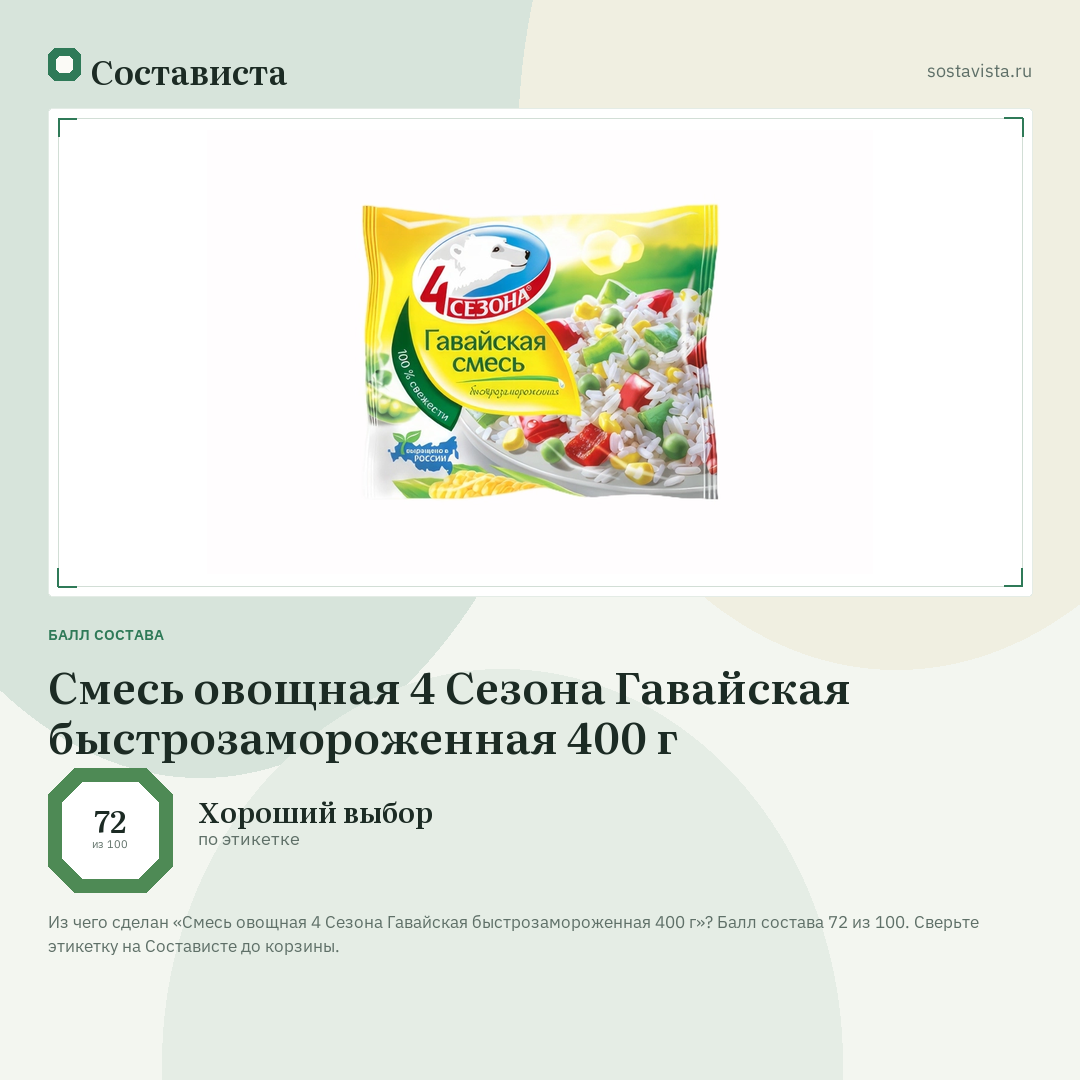 Смесь овощная 4 Сезона Гавайская быстрозамороженная 400 г: балл состава 72 из 100 — Состависта