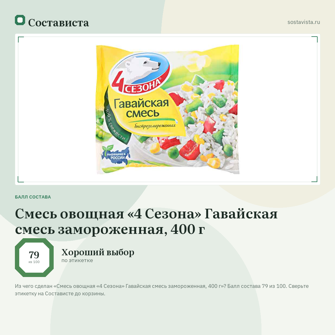 Смесь овощная «4 Сезона» Гавайская смесь замороженная, 400 г: балл состава 79 из 100 — Состависта