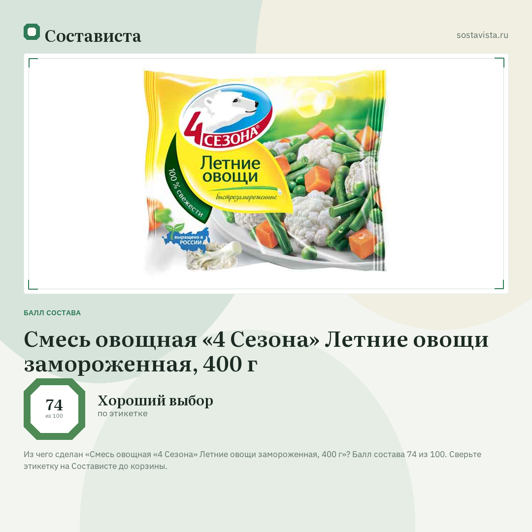 Смесь овощная «4 Сезона» Летние овощи замороженная, 400 г: балл состава 74 из 100 — Состависта