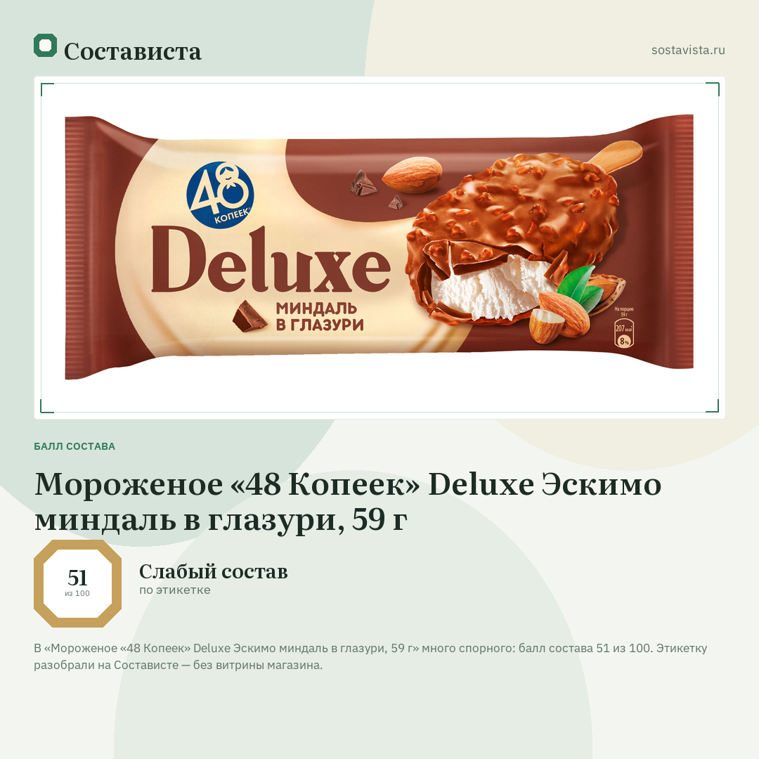 Мороженое «48 Копеек» Deluxe Эскимо миндаль в глазури, 59 г: балл состава 51 из 100 — Состависта