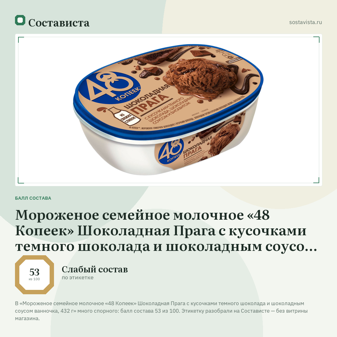 Мороженое семейное молочное «48 Копеек» Шоколадная Прага с кусочками темного шоколада и шоколадным соусом ванночка, 432 г: балл состава 53 из 100 — Состависта