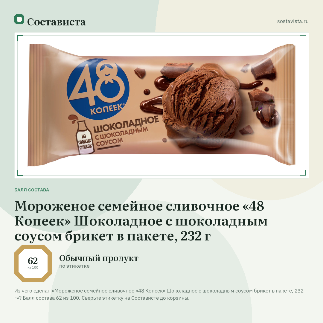 Мороженое семейное сливочное «48 Копеек» Шоколадное с шоколадным соусом брикет в пакете, 232 г: балл состава 62 из 100 — Состависта