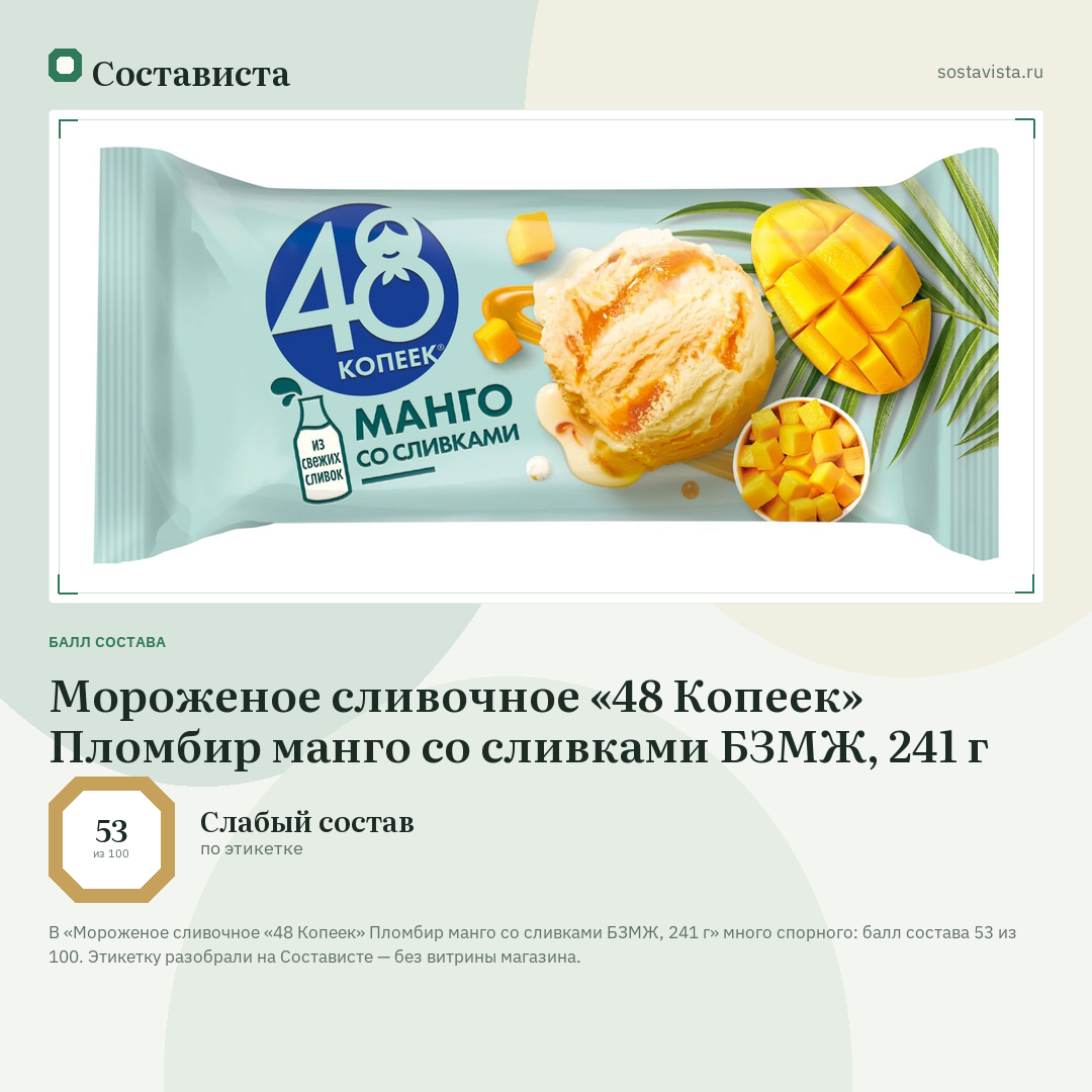 Мороженое сливочное «48 Копеек» Пломбир манго со сливками БЗМЖ, 241 г: балл состава 53 из 100 — Состависта
