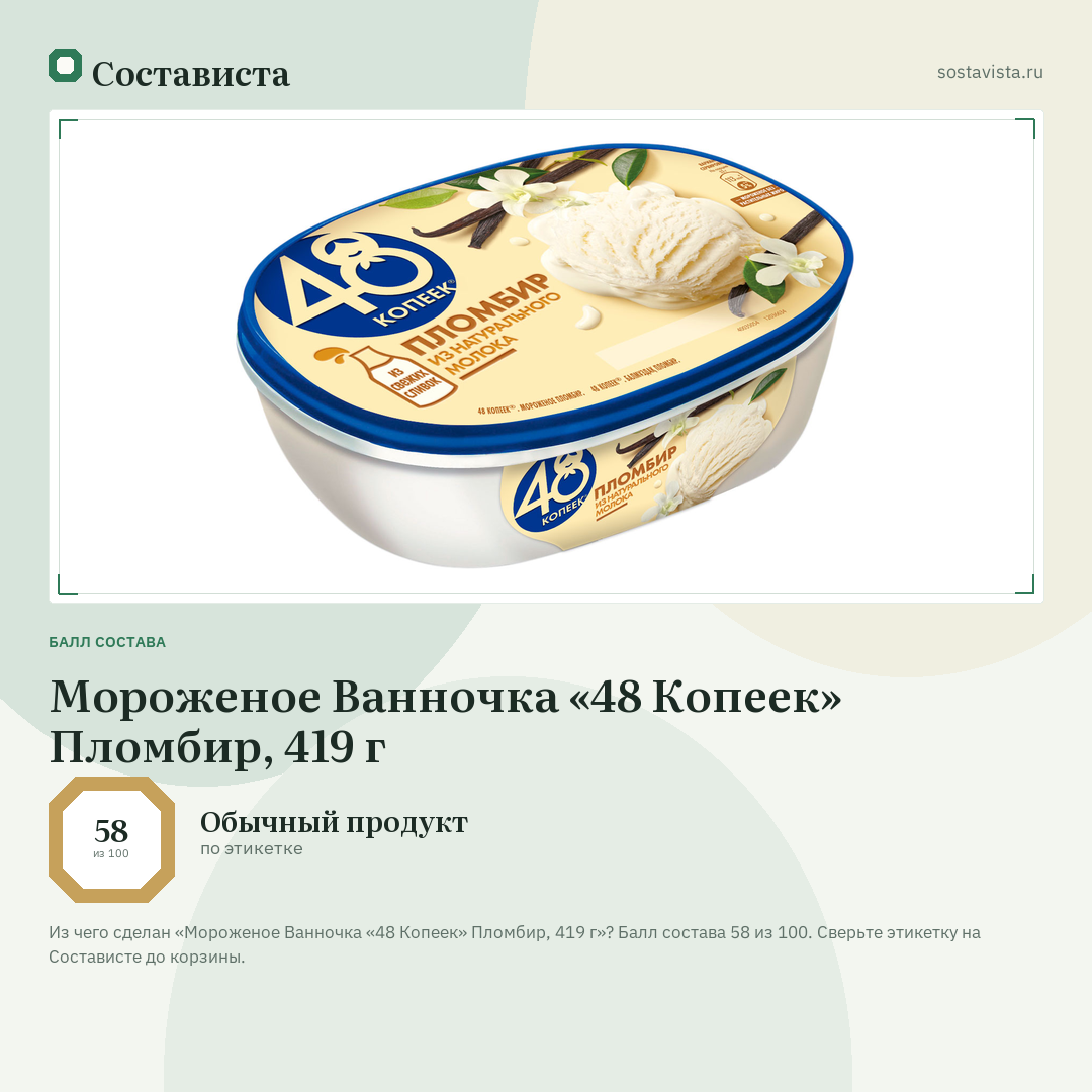 Мороженое Ванночка «48 Копеек» Пломбир, 419 г: балл состава 58 из 100 — Состависта