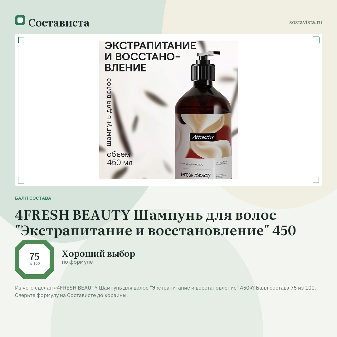 4FRESH BEAUTY Шампунь для волос "Экстрапитание и восстановление" 450: балл состава 75 из 100 — Состависта