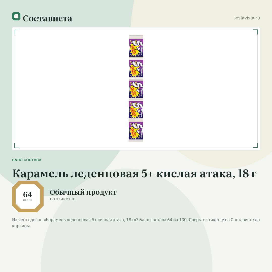 Карамель леденцовая 5+ кислая атака, 18 г: балл состава 64 из 100 — Состависта