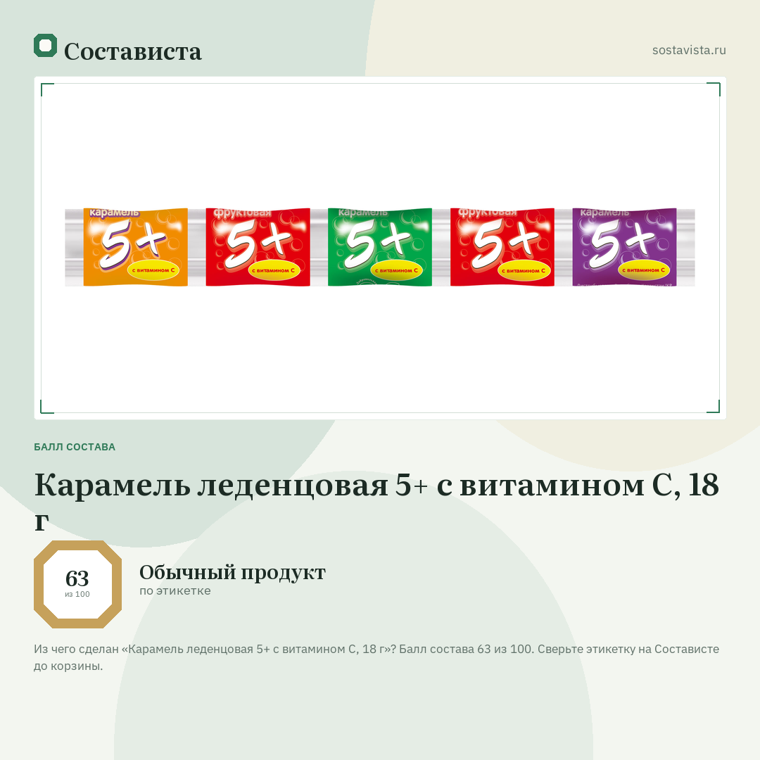 Карамель леденцовая 5+ с витамином С, 18 г: балл состава 63 из 100 — Состависта