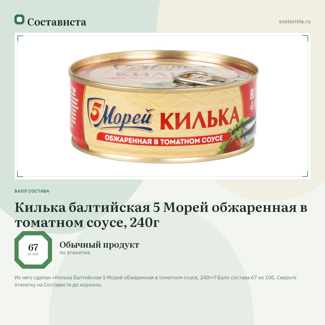 Килька балтийская 5 Морей обжаренная в томатном соусе, 240г: балл состава 67 из 100 — Состависта