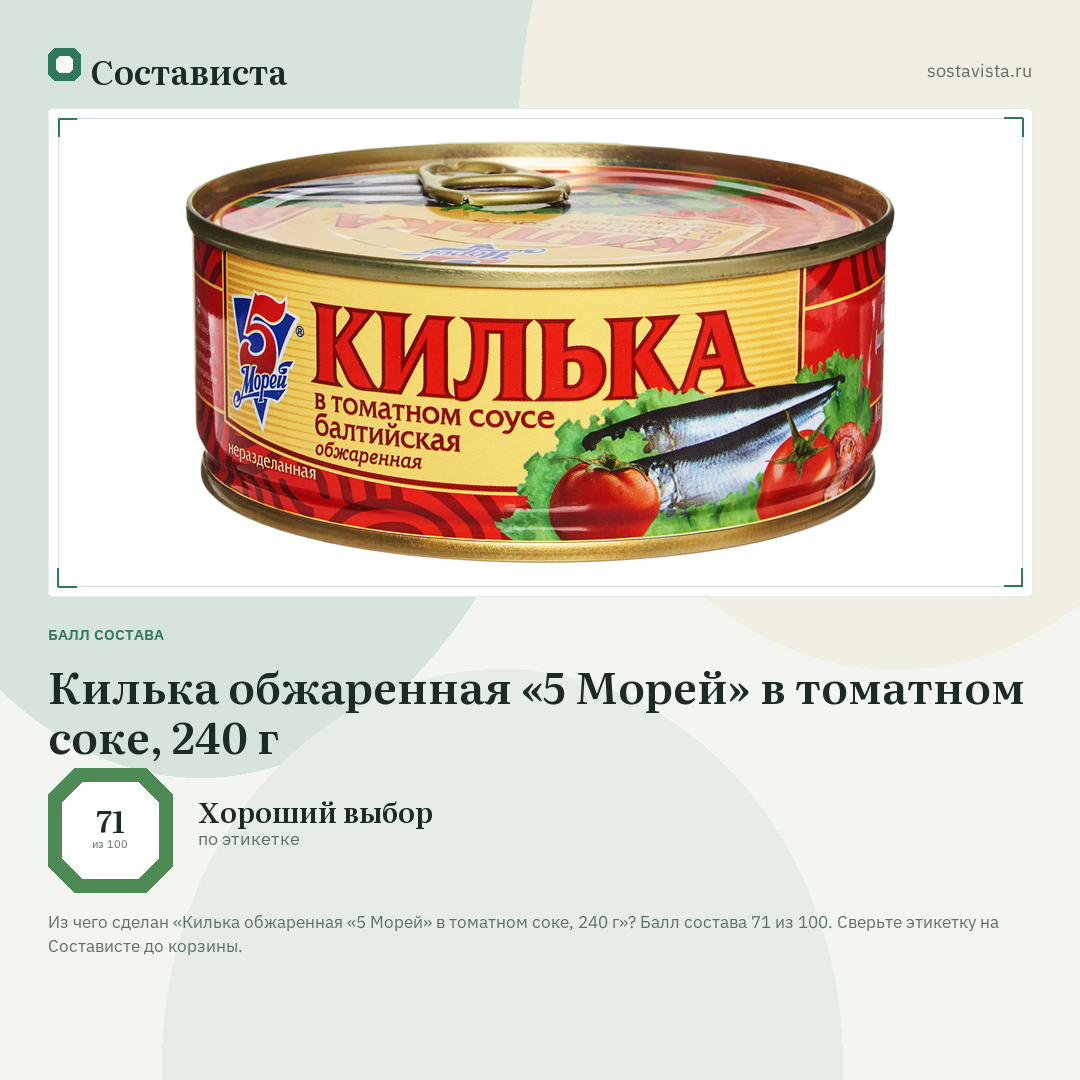 Килька обжаренная «5 Морей» в томатном соке, 240 г: балл состава 71 из 100 — Состависта