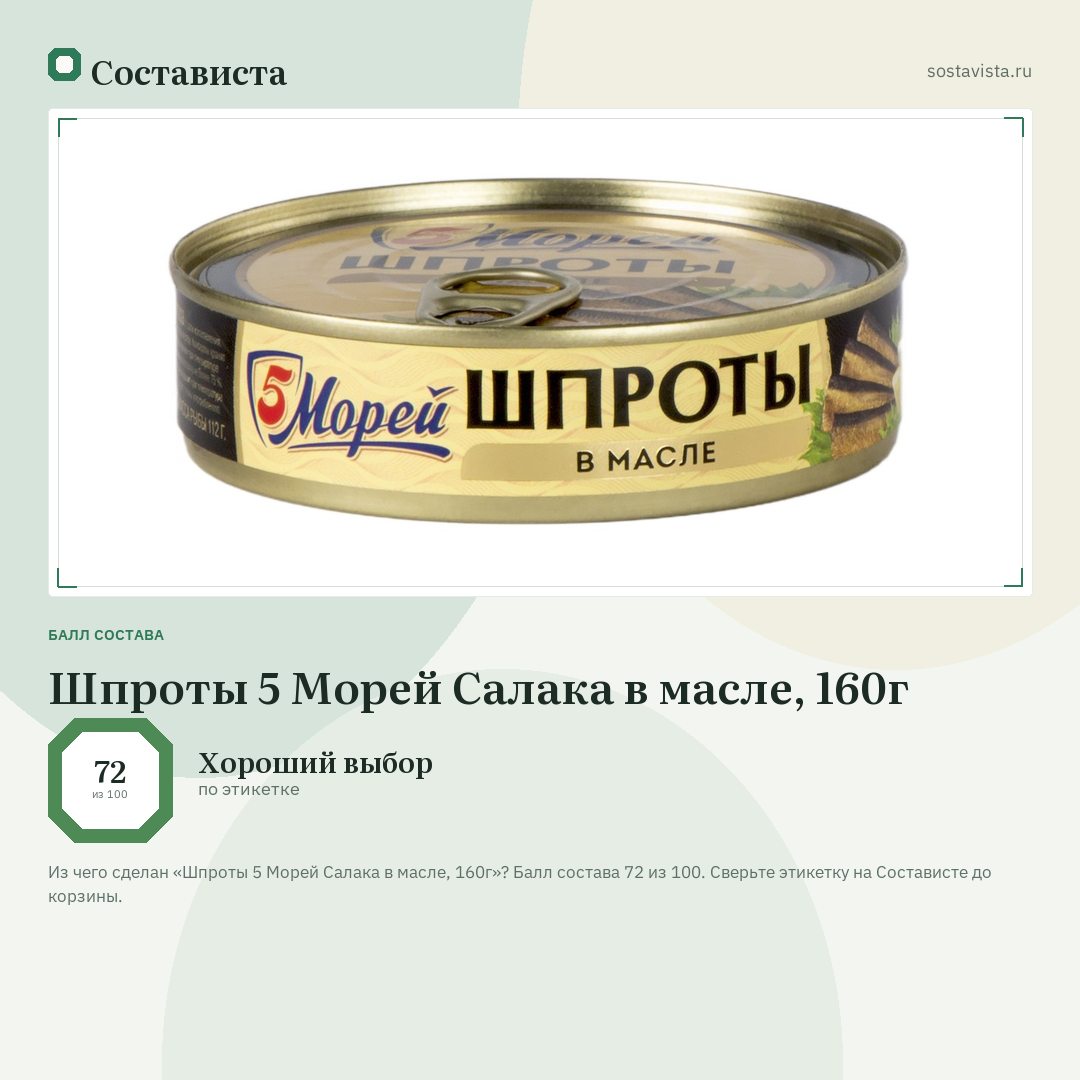 Шпроты 5 Морей Салака в масле, 160г: балл состава 72 из 100 — Состависта