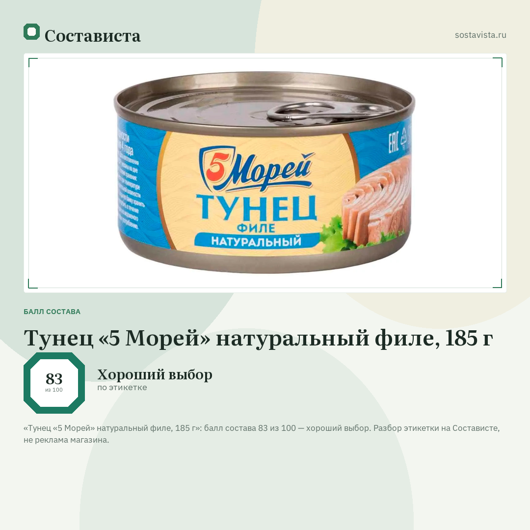 Тунец «5 Морей» натуральный филе, 185 г: балл состава 83 из 100 — Состависта