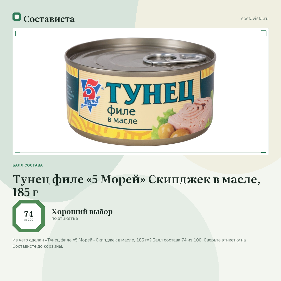 Тунец филе «5 Морей» Скипджек в масле, 185 г: балл состава 74 из 100 — Состависта